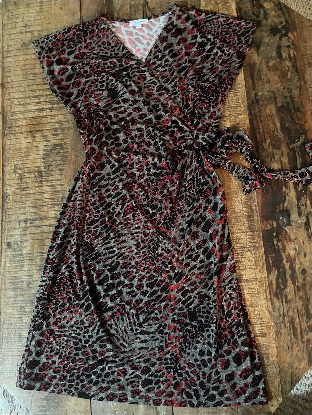 Leopard Print Wrap Midi Dress in Black and Red